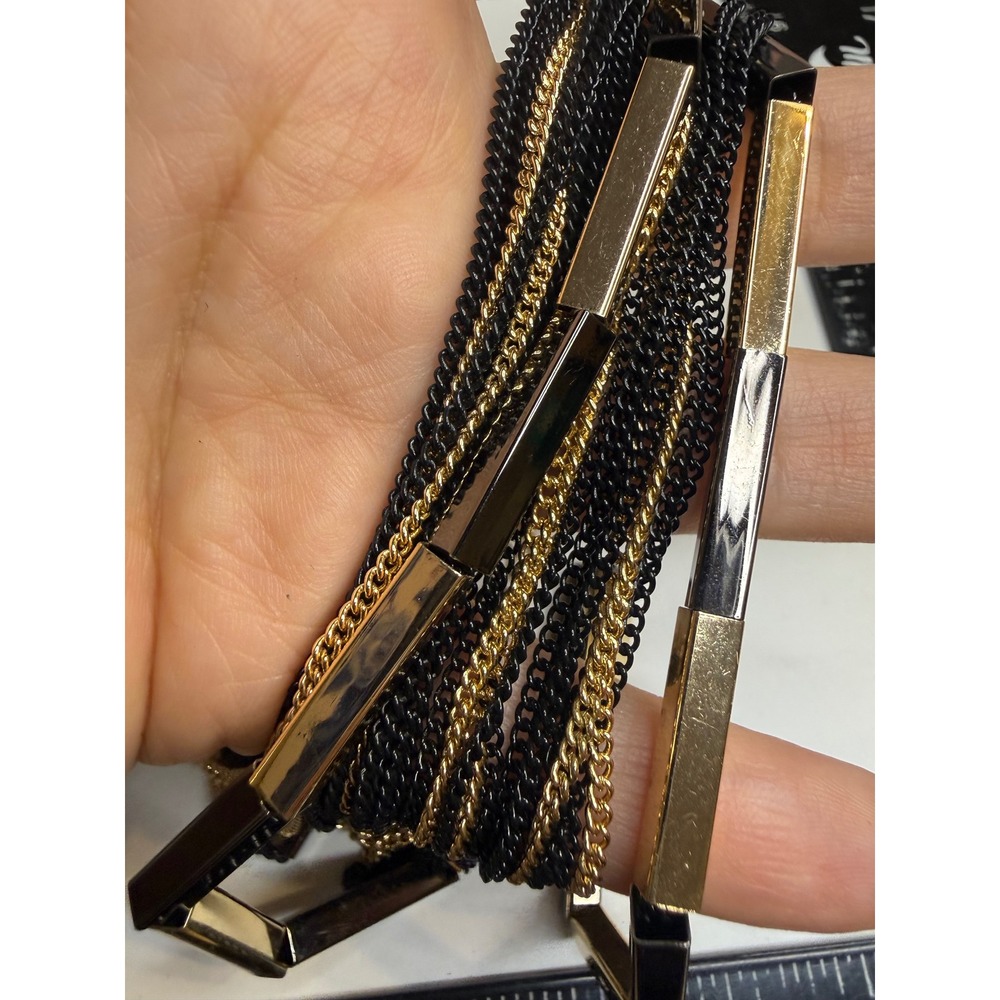 PL signed Multi Strand Layered Chain Necklace Gold Black Bar Statement